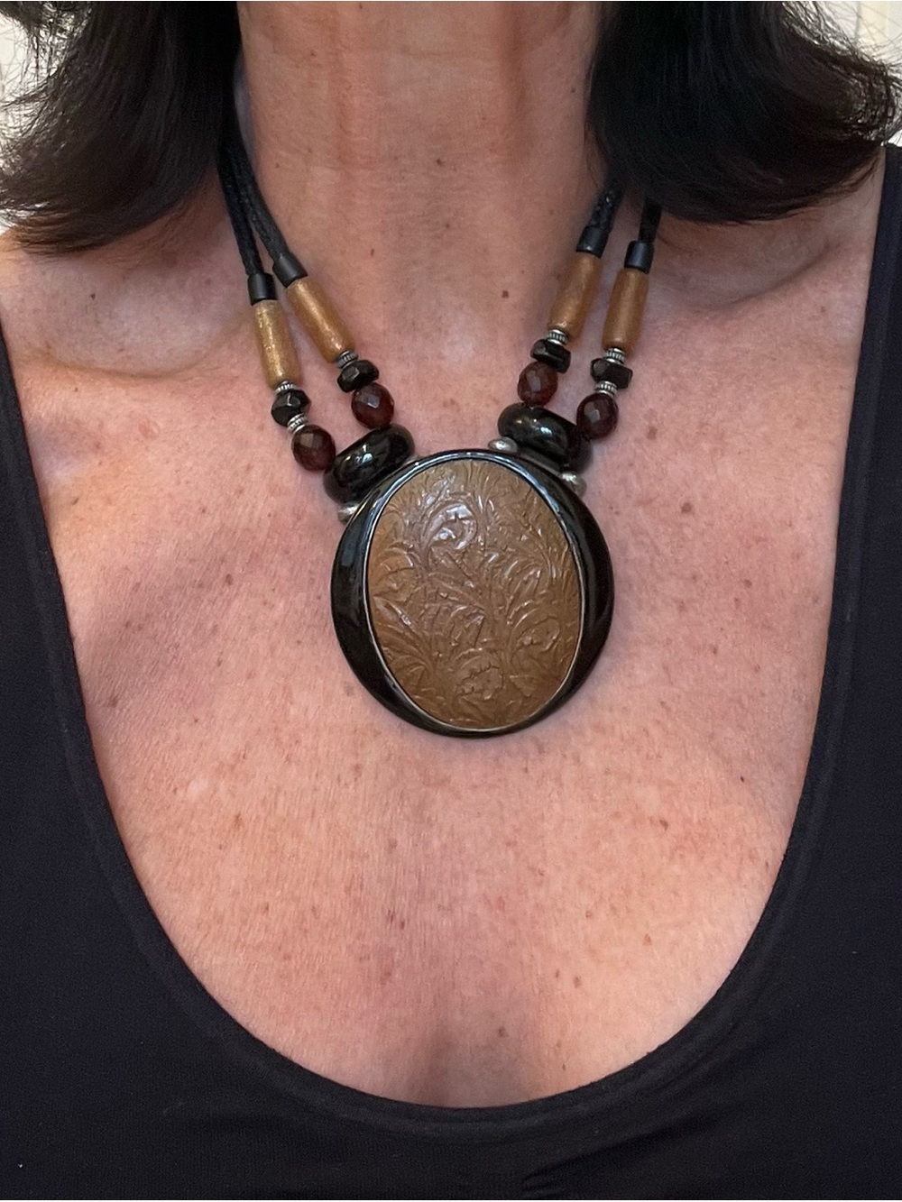 Handcrafted Brown and Black Carved Pendant Necklace